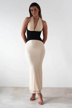 Addae Bodycon Mesh Maxi Dress | Beige/Black