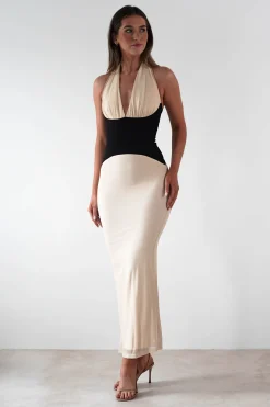 Addae Bodycon Mesh Maxi Dress | Beige/Black