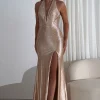 Adeline Rhinestone Halterneck Gown | Gold