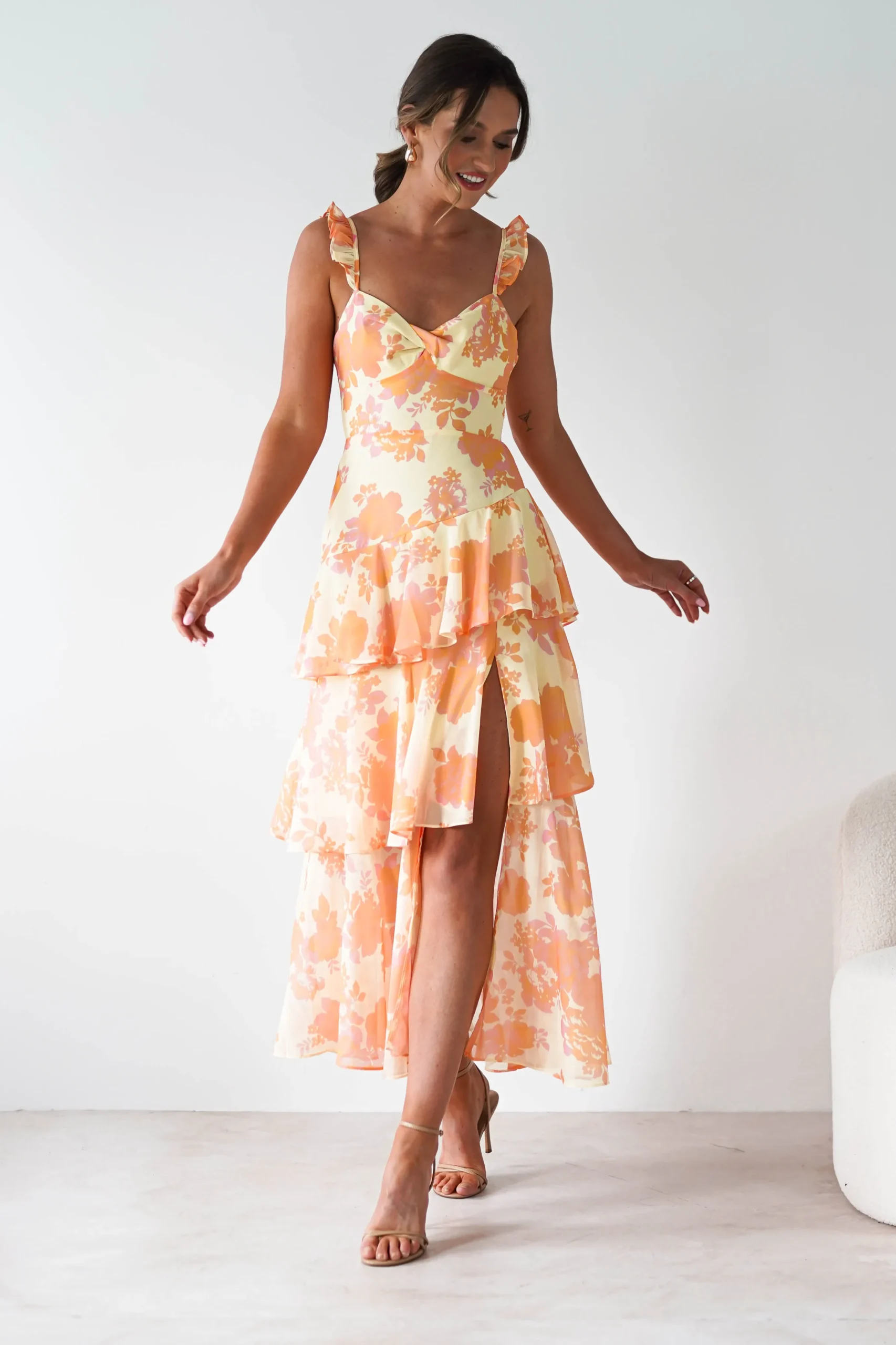 Allie Ruffle Floral Maxi Dress | Yellow/Peach