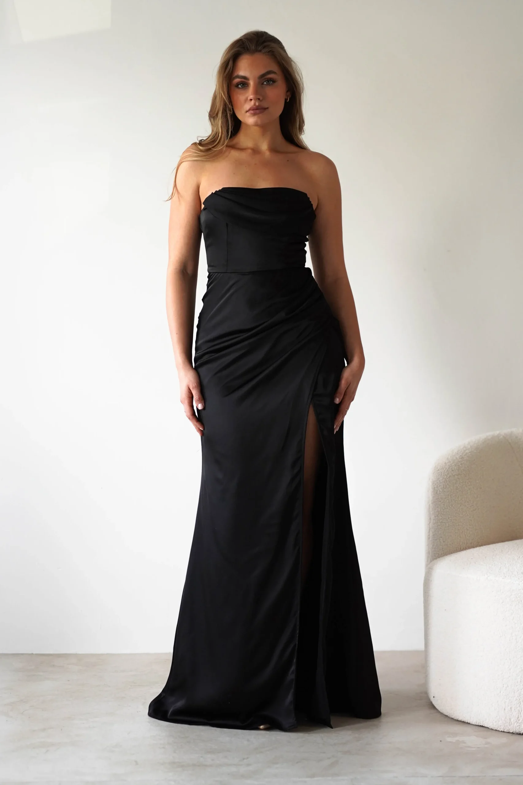 Alyce Soft Satin Strapless Gown | Black
