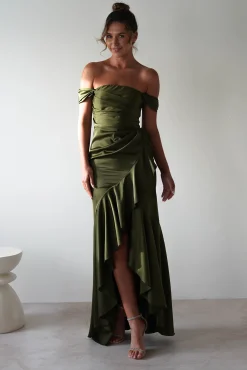 Amaretta Soft Satin Maxi Dress | Olive