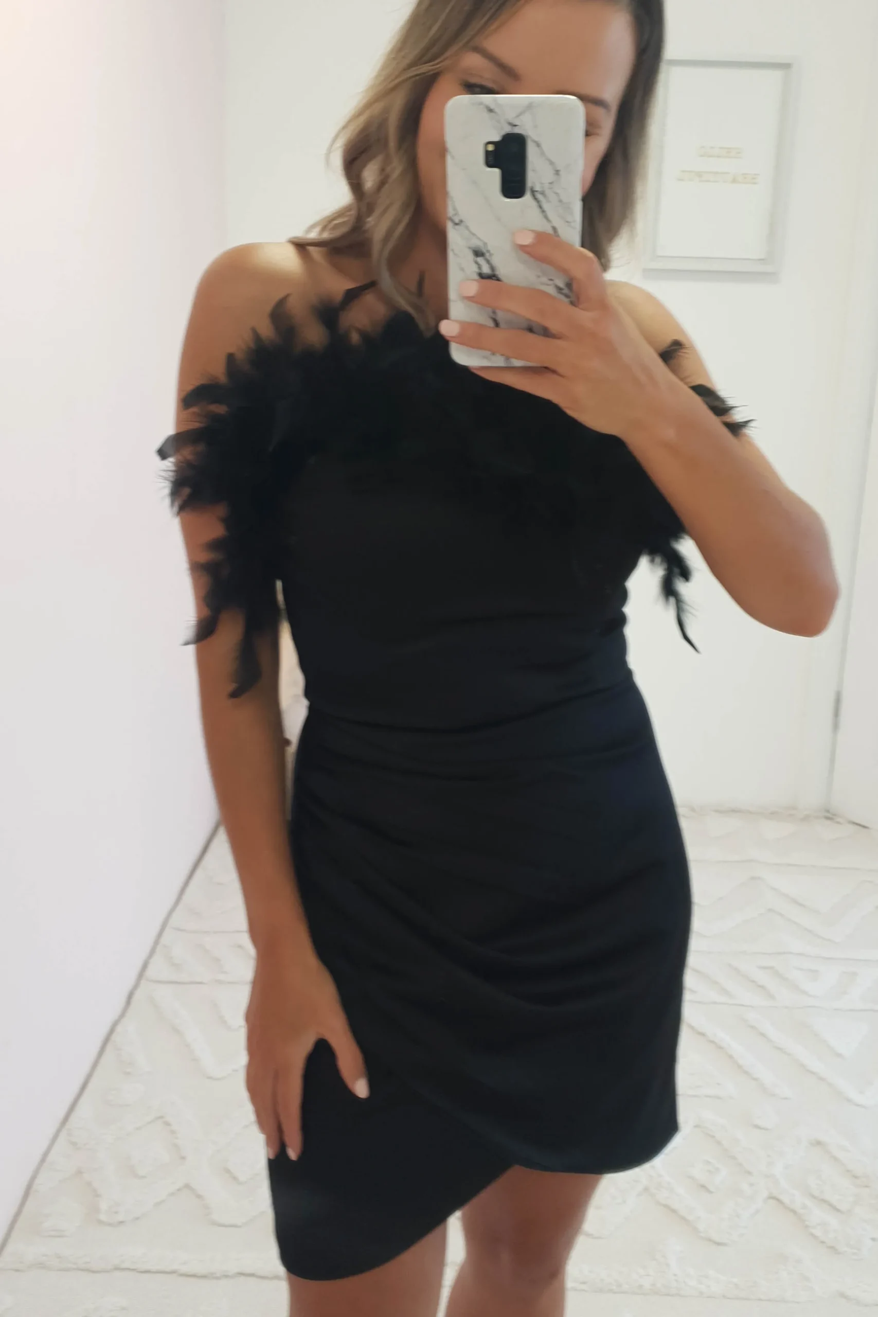 Amaya Faux Feather Detail Mini Dress | Black