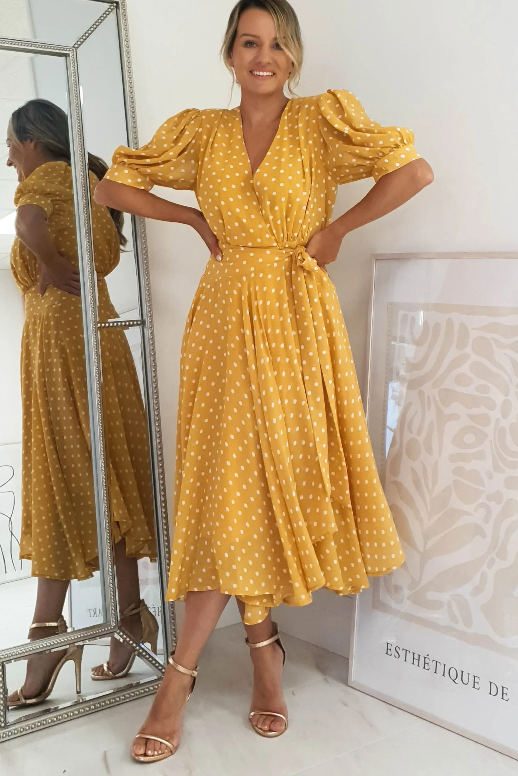 Andrea Polka Dot Midi Dress | Mustard