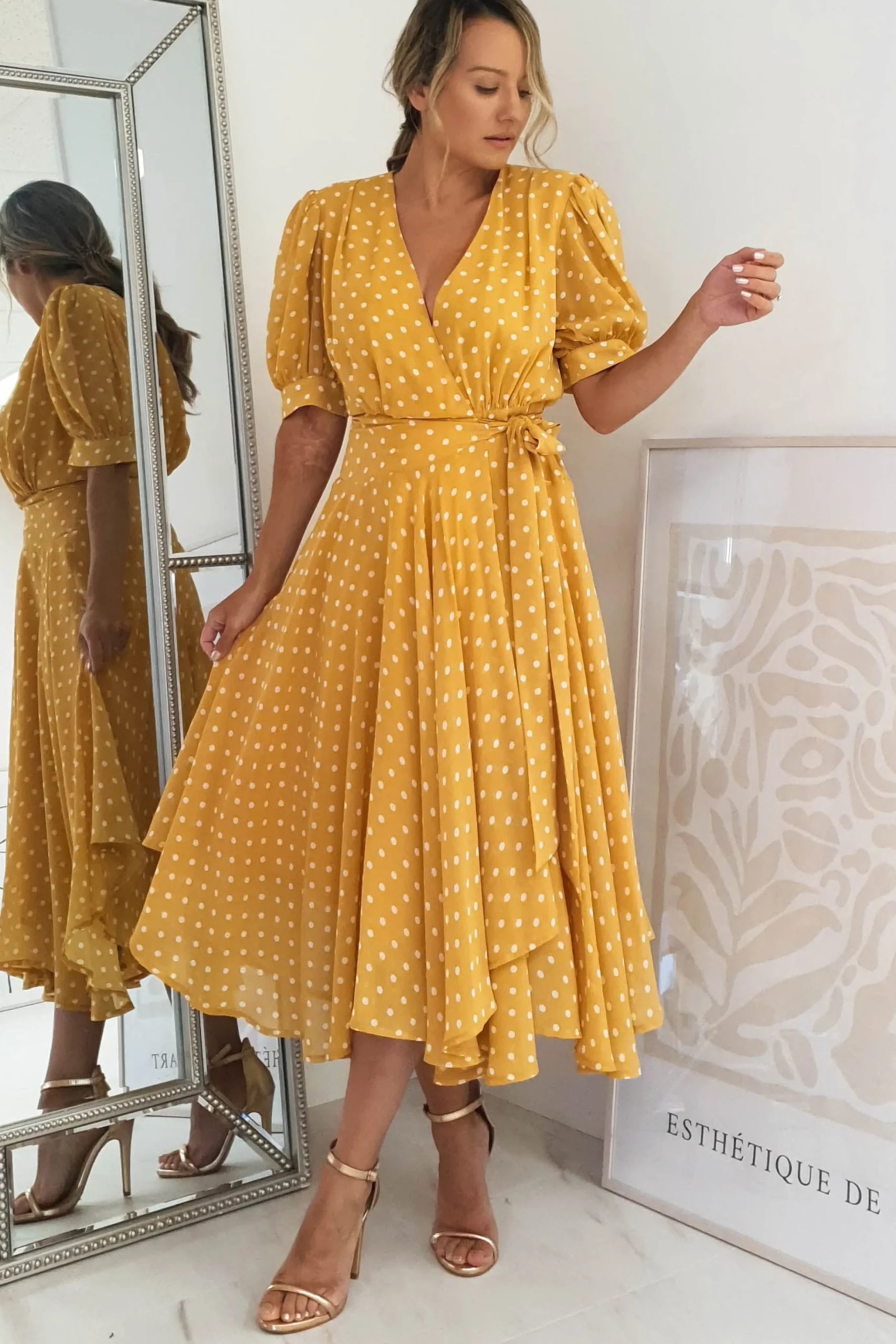 Andrea Polka Dot Midi Dress | Mustard