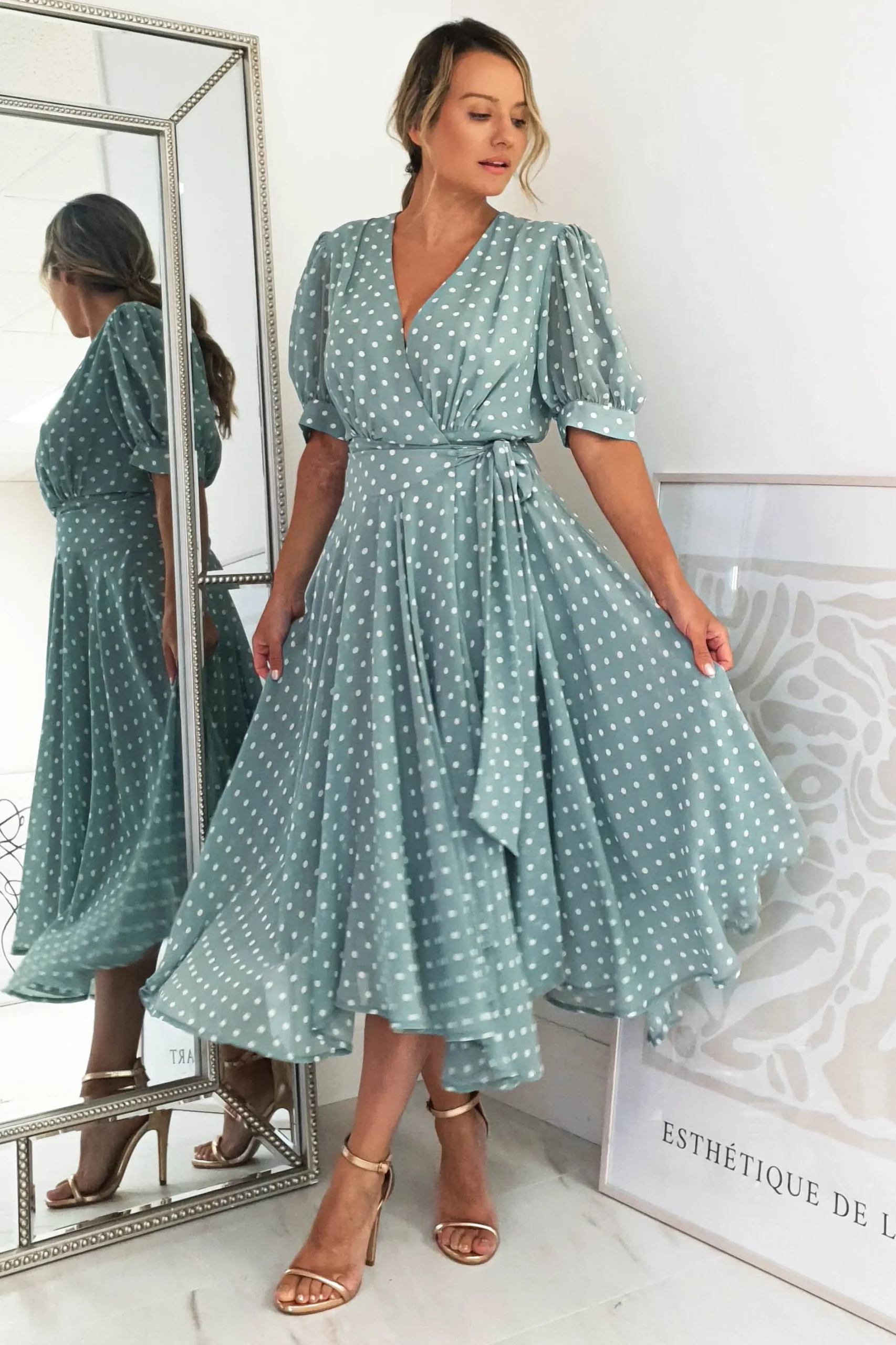 Andrea Polka Dot Midi Dress | Sage