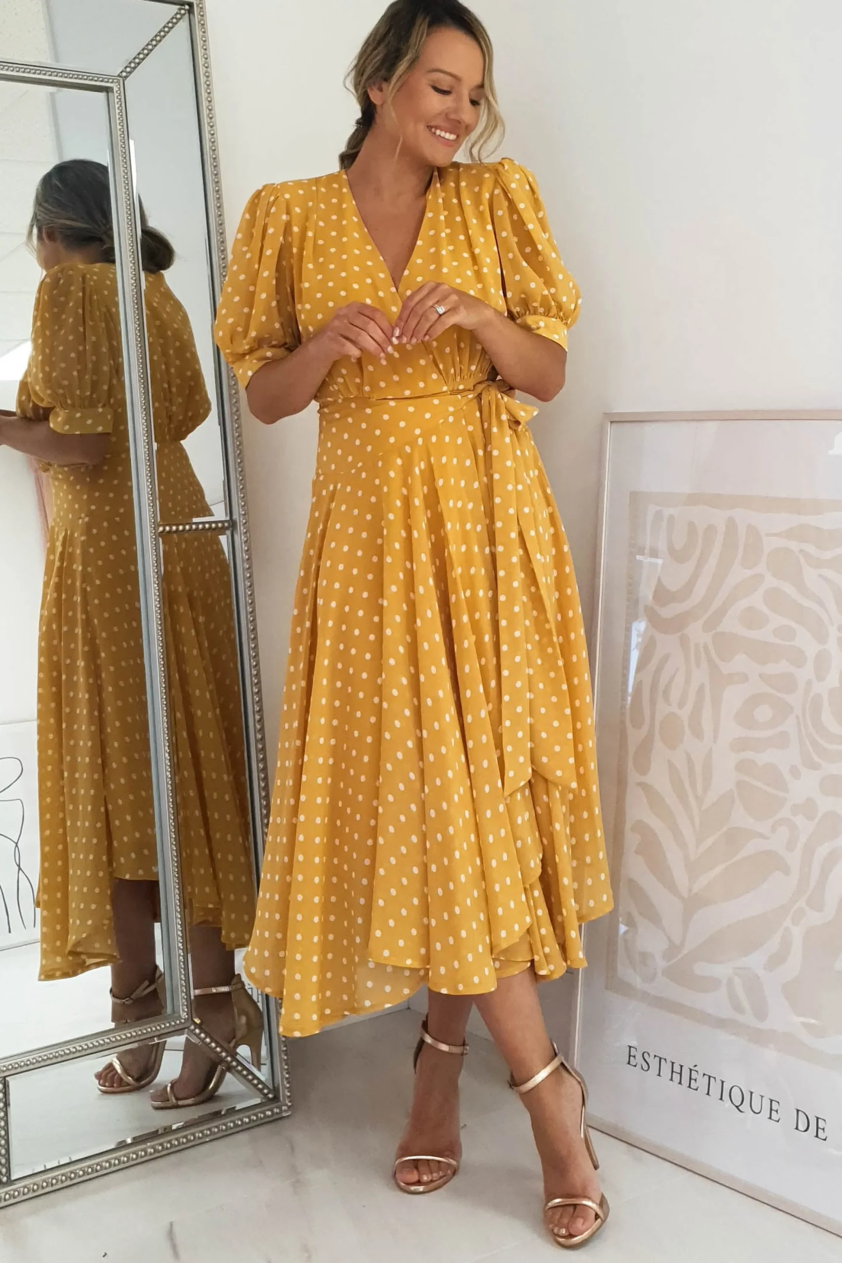 Andrea Polka Dot Midi Dress | Mustard