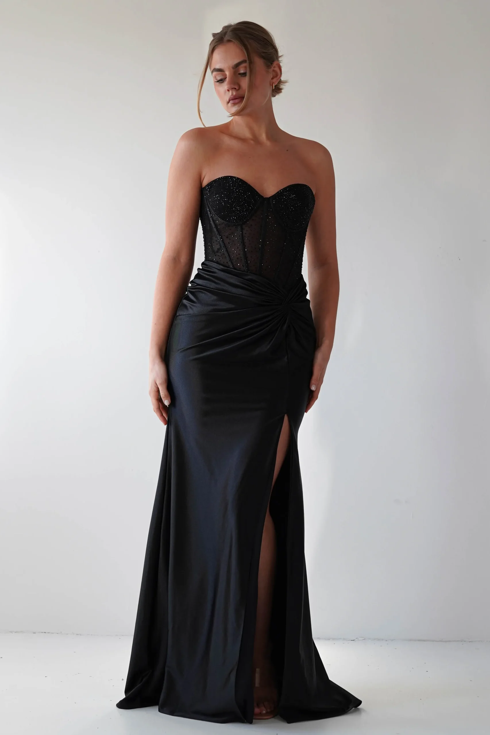 Andrina Rhinestone Strapless Gown | Black