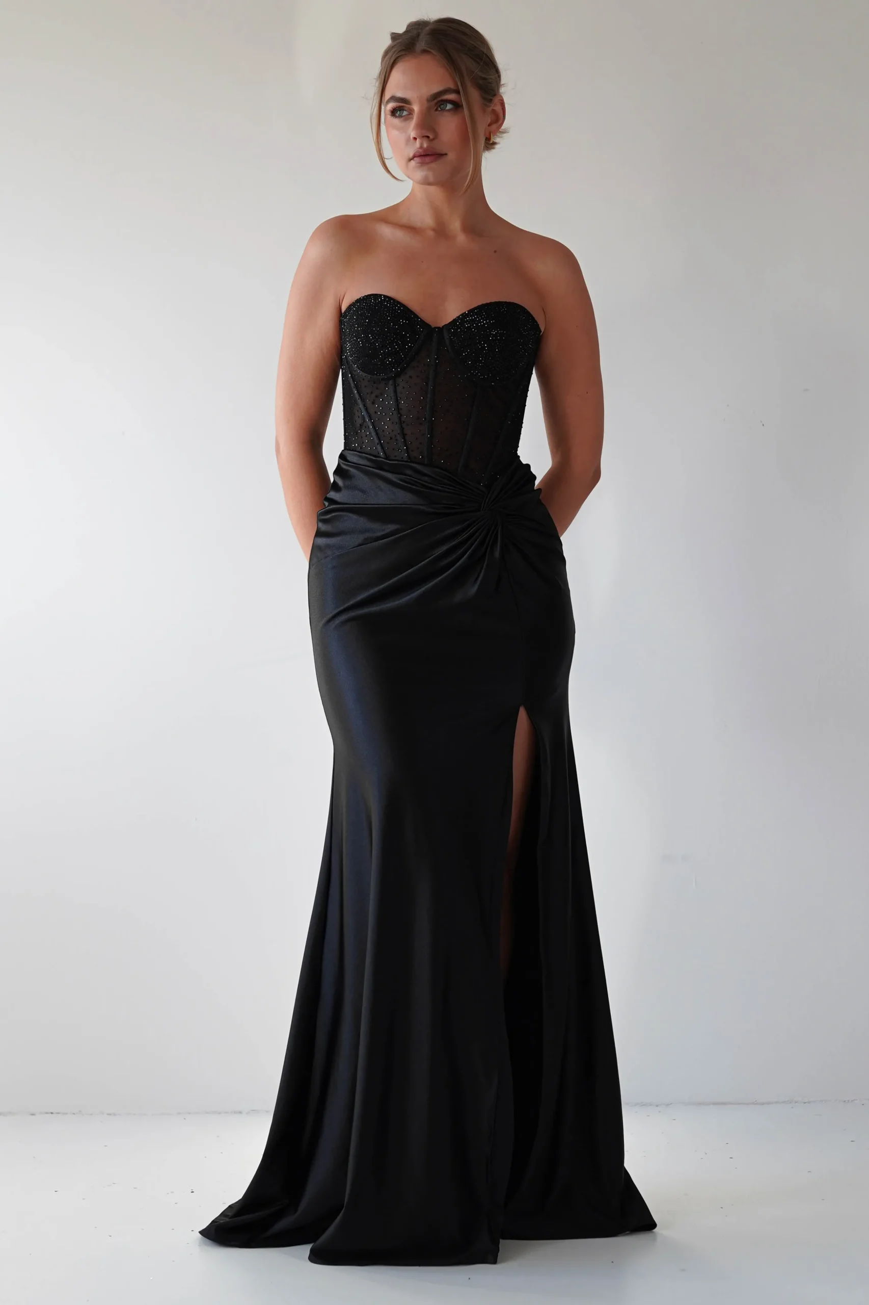 Andrina Rhinestone Strapless Gown | Black