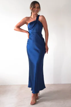 Ashlee Soft Satin One Shoulder Maxi Dress | Navy