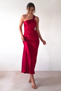 Ashlee Soft Satin One Shoulder Maxi Dress | Red