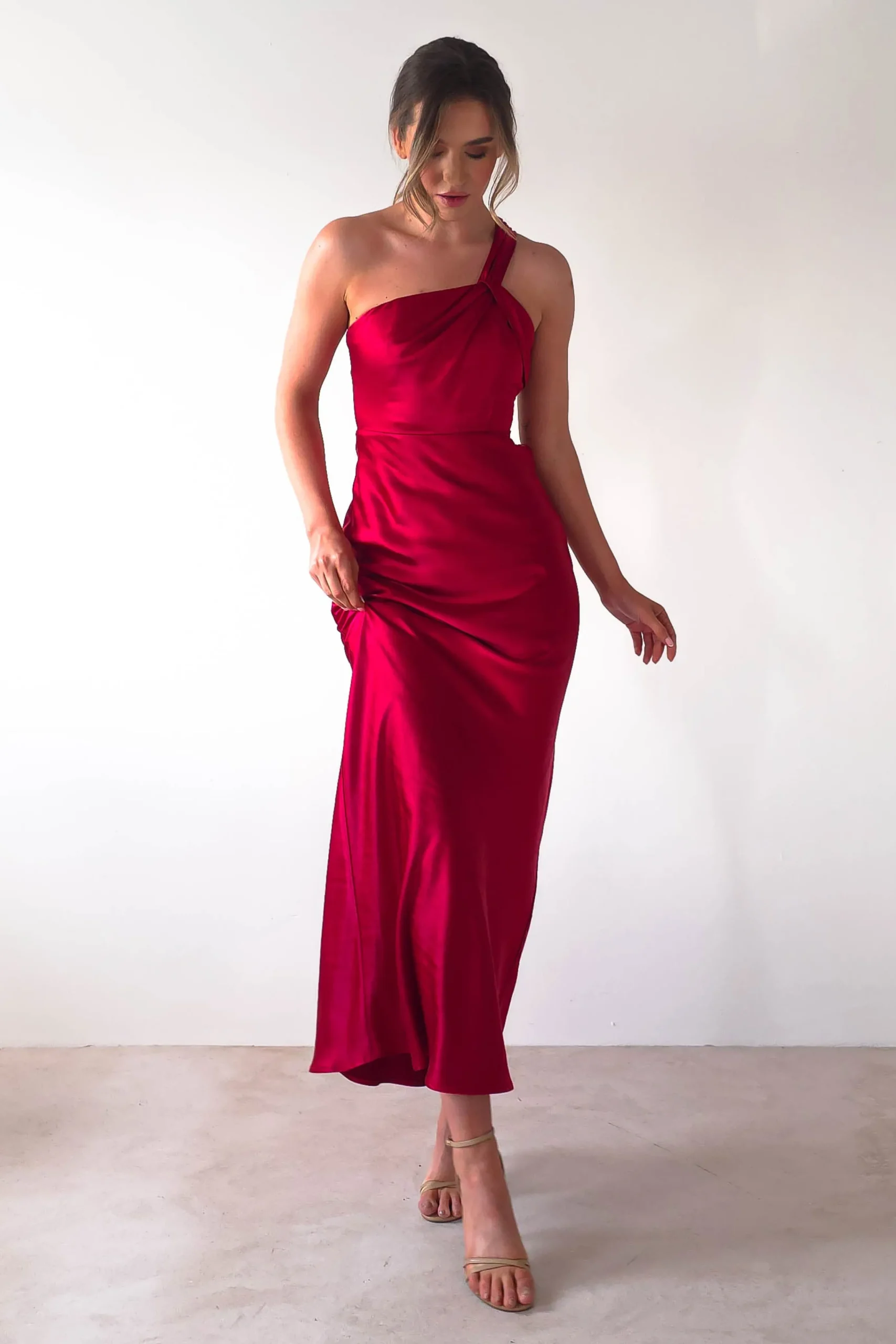 Ashlee Soft Satin One Shoulder Maxi Dress | Red
