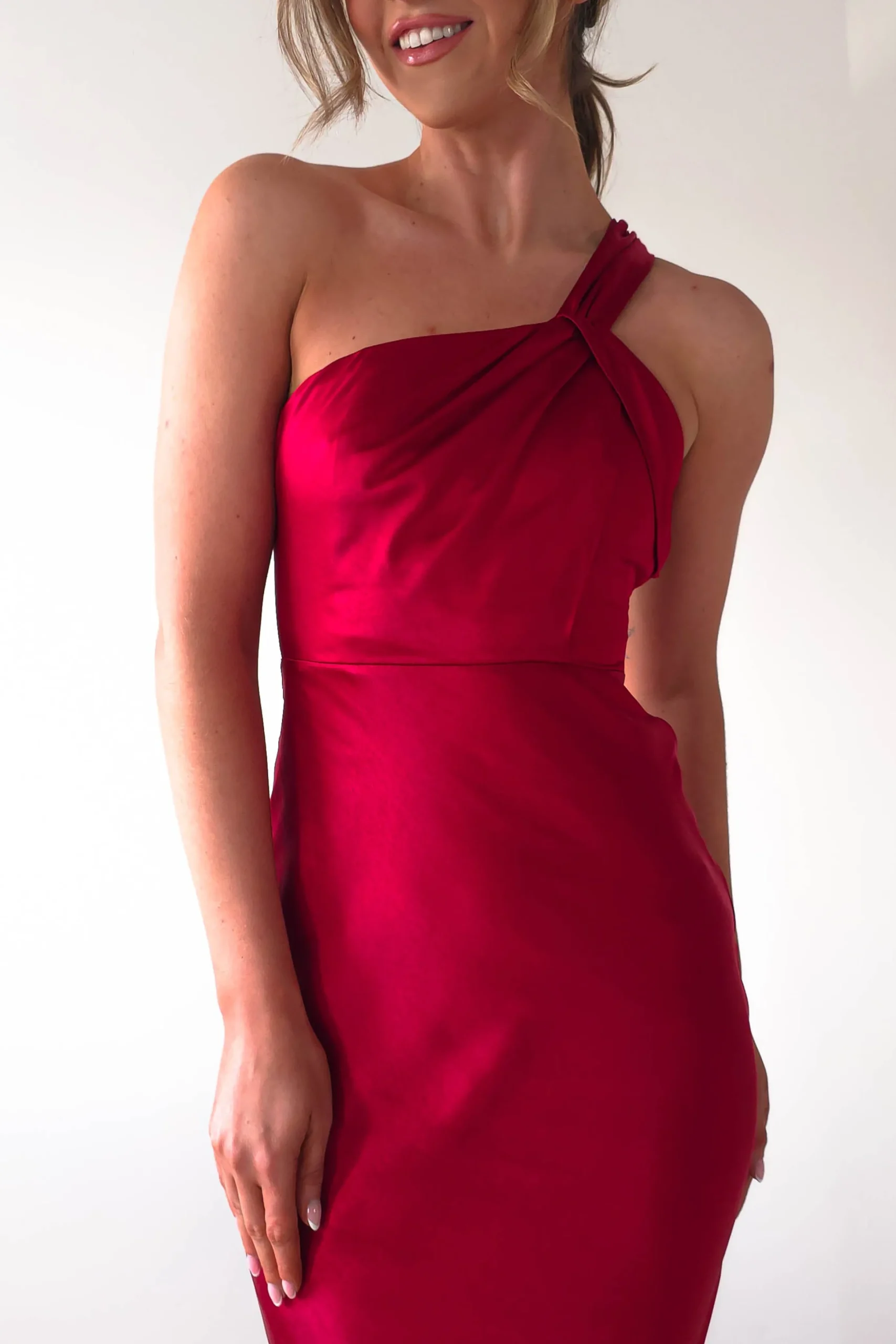 Ashlee Soft Satin One Shoulder Maxi Dress | Red