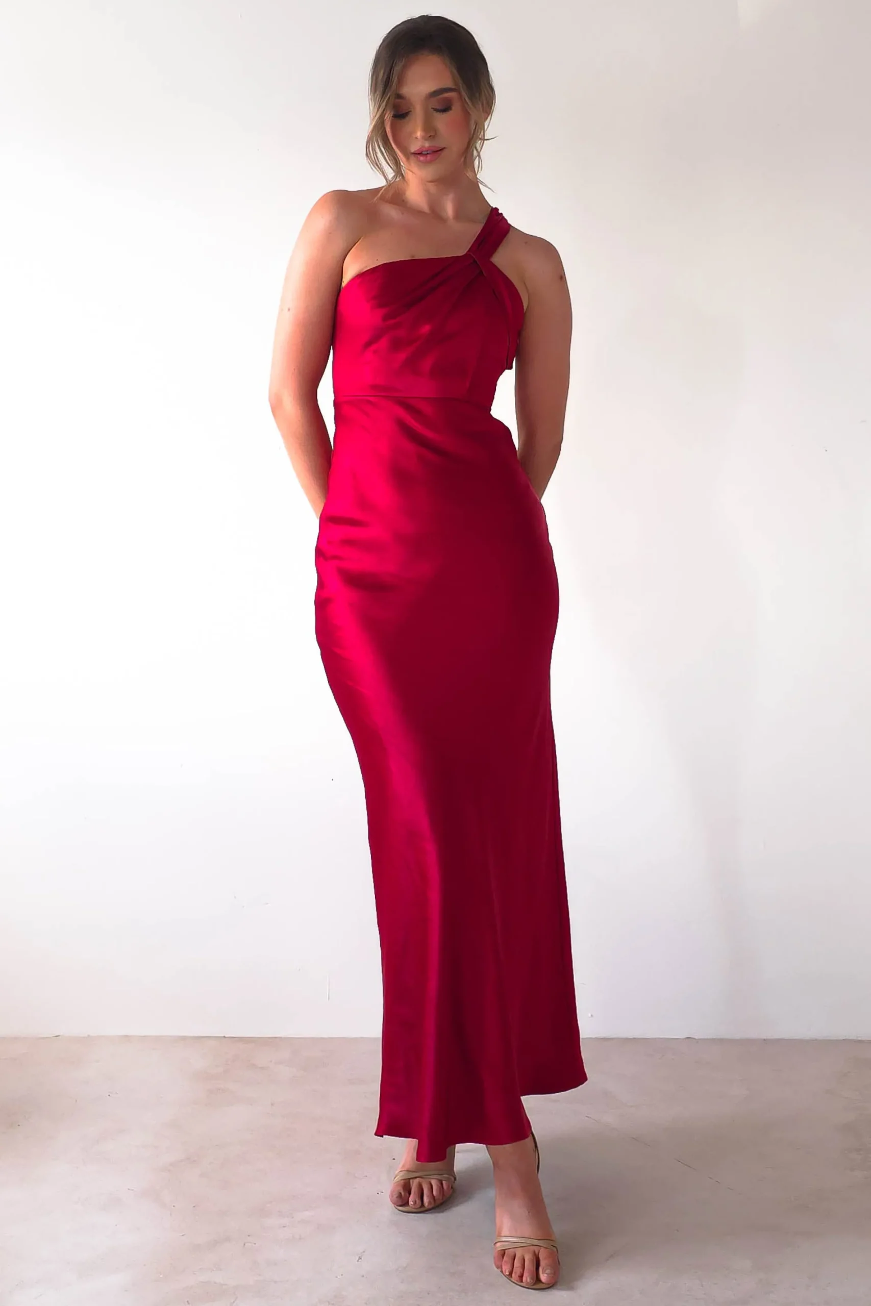 Ashlee Soft Satin One Shoulder Maxi Dress | Red