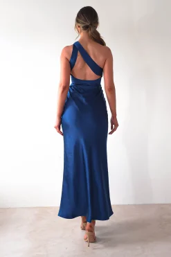 Ashlee Soft Satin One Shoulder Maxi Dress | Navy
