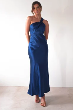 Ashlee Soft Satin One Shoulder Maxi Dress | Navy