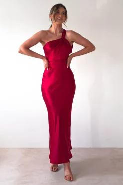 Ashlee Soft Satin One Shoulder Maxi Dress | Red