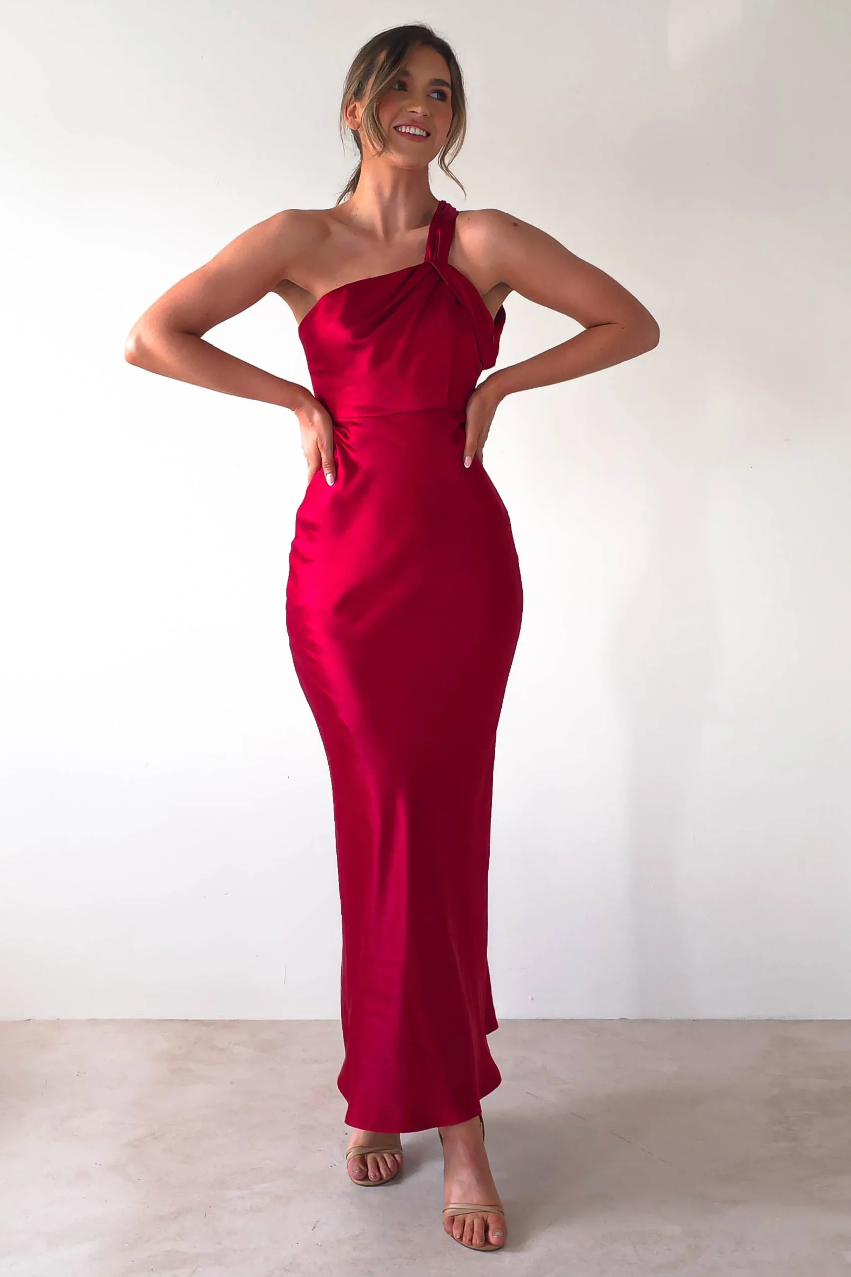 Ashlee Soft Satin One Shoulder Maxi Dress | Red