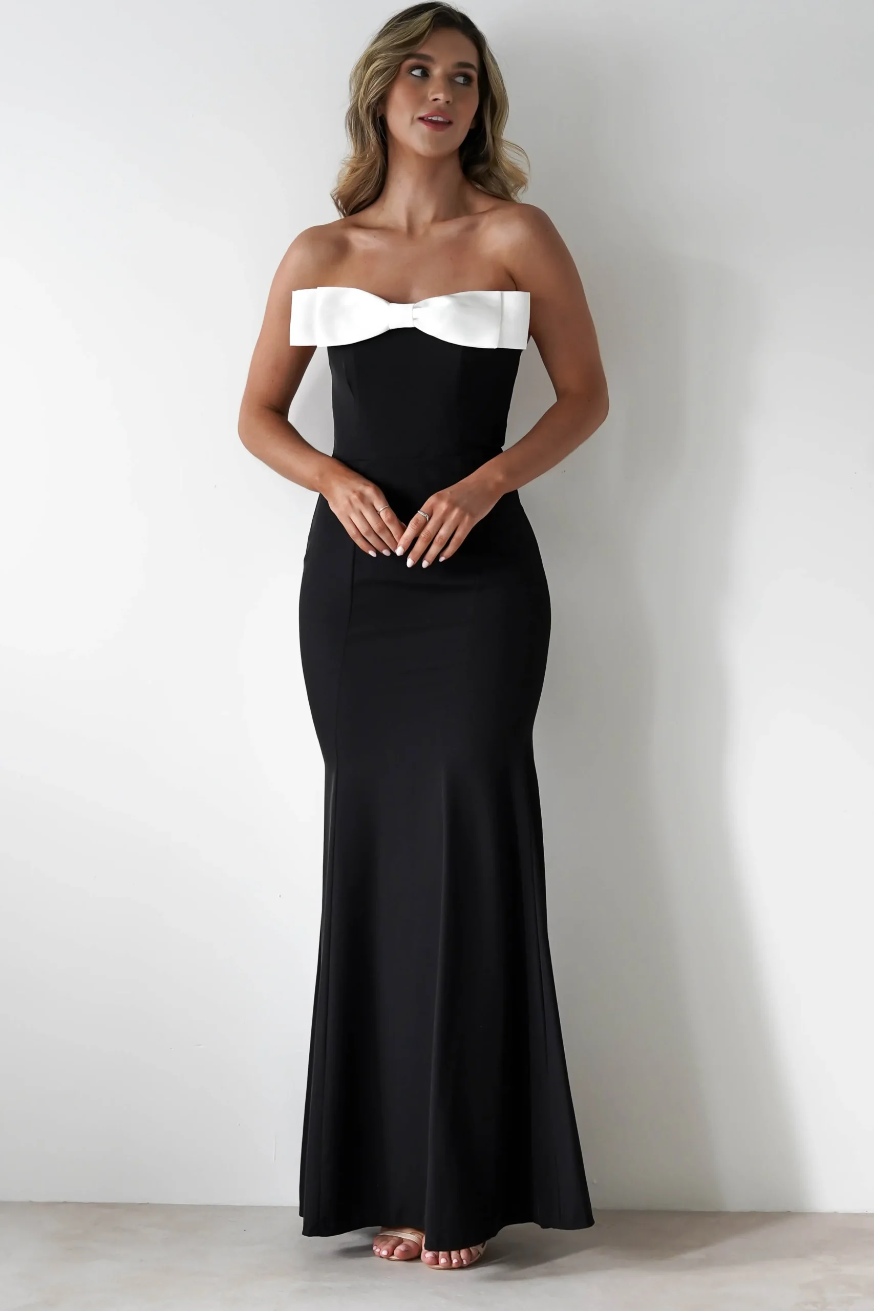 Beckett Strapless Bow Maxi Dress | Black/White