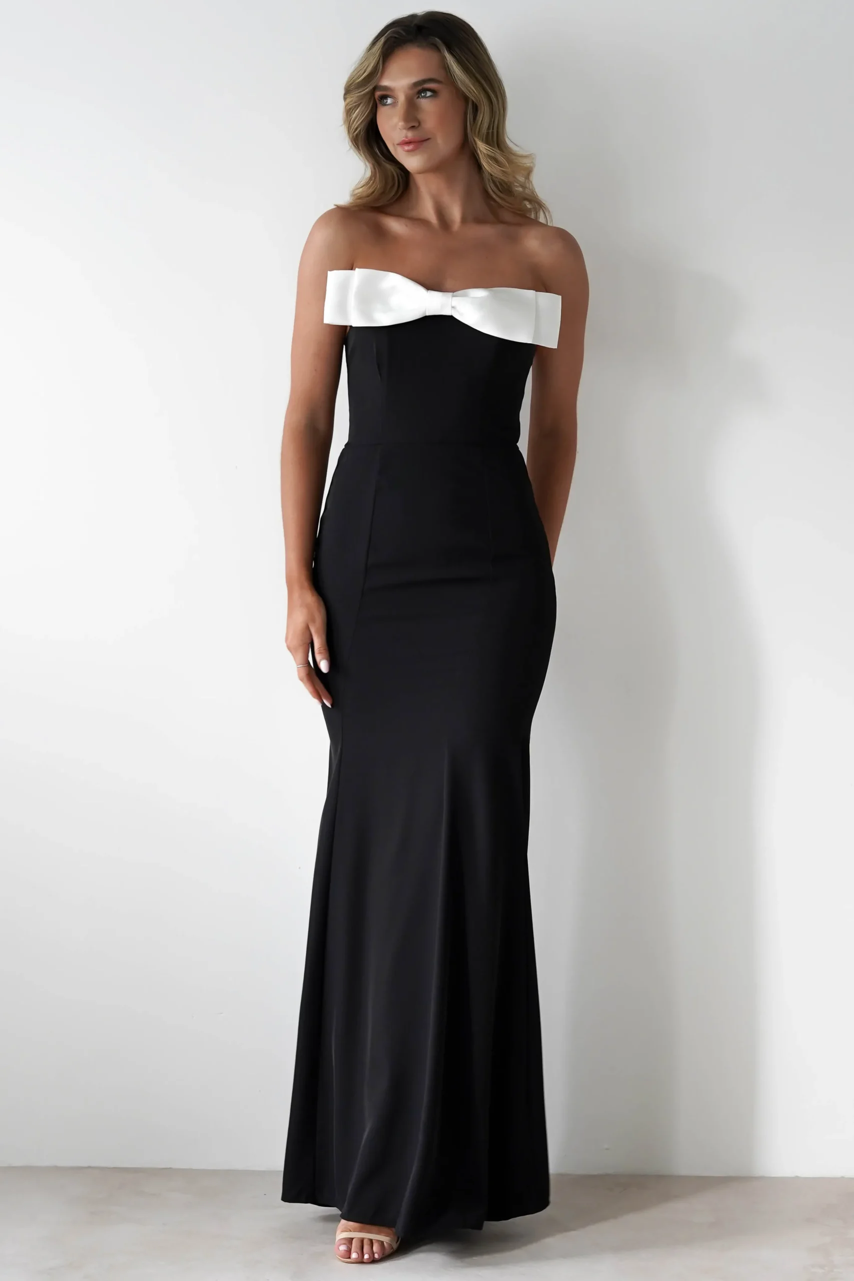 Beckett Strapless Bow Maxi Dress | Black/White