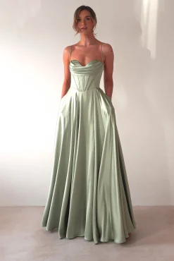 Bella Luxe Aline Satin Gown | Sage