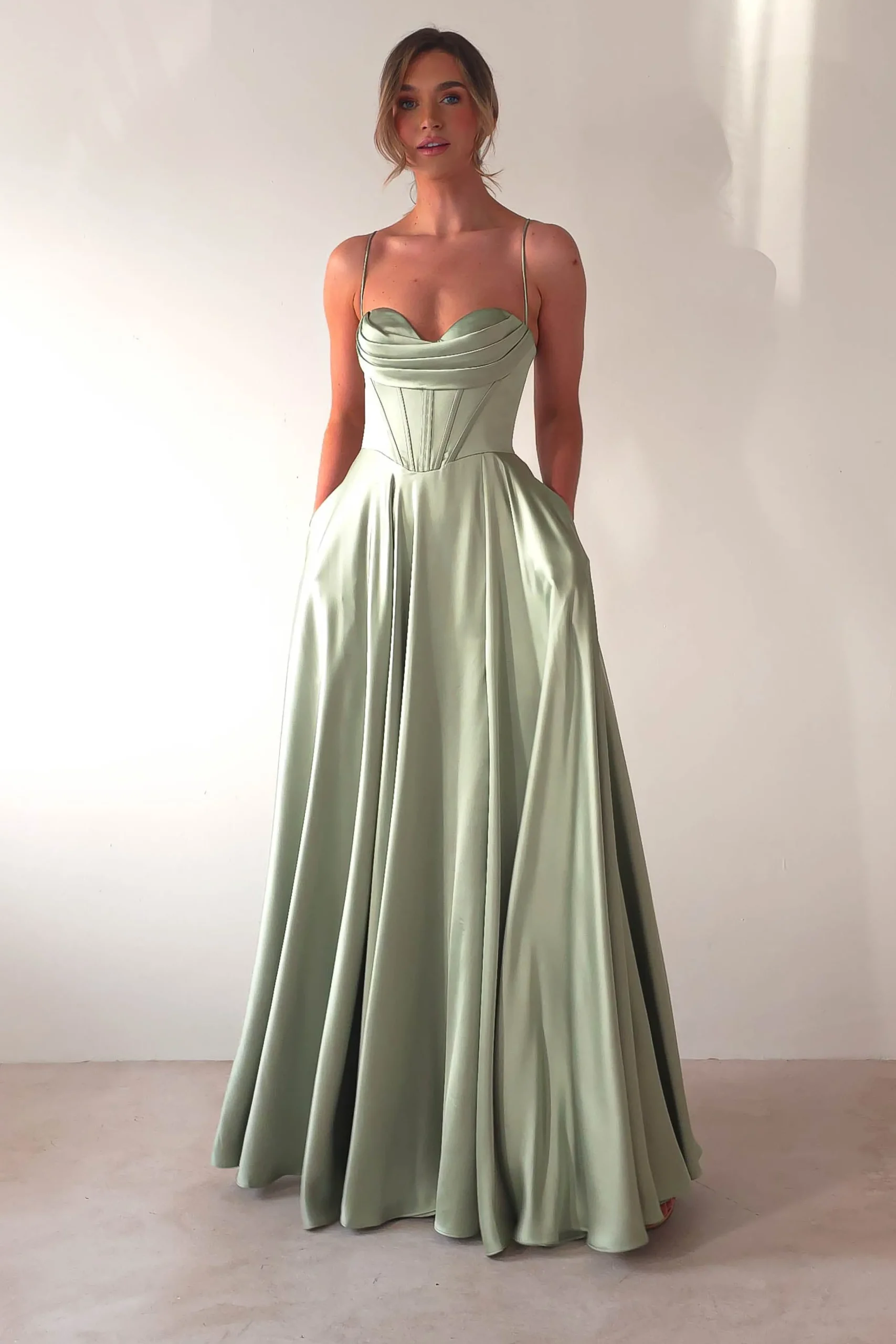 Bella Luxe Aline Satin Gown | Sage
