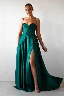 Bella Luxe Aline Satin Gown | Emerald