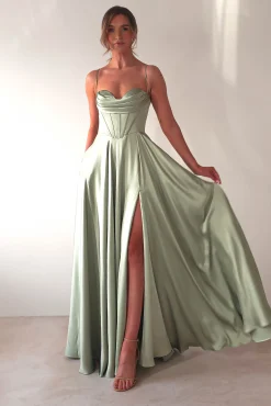 Bella Luxe Aline Satin Gown | Sage