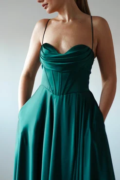 Bella Luxe Aline Satin Gown | Emerald