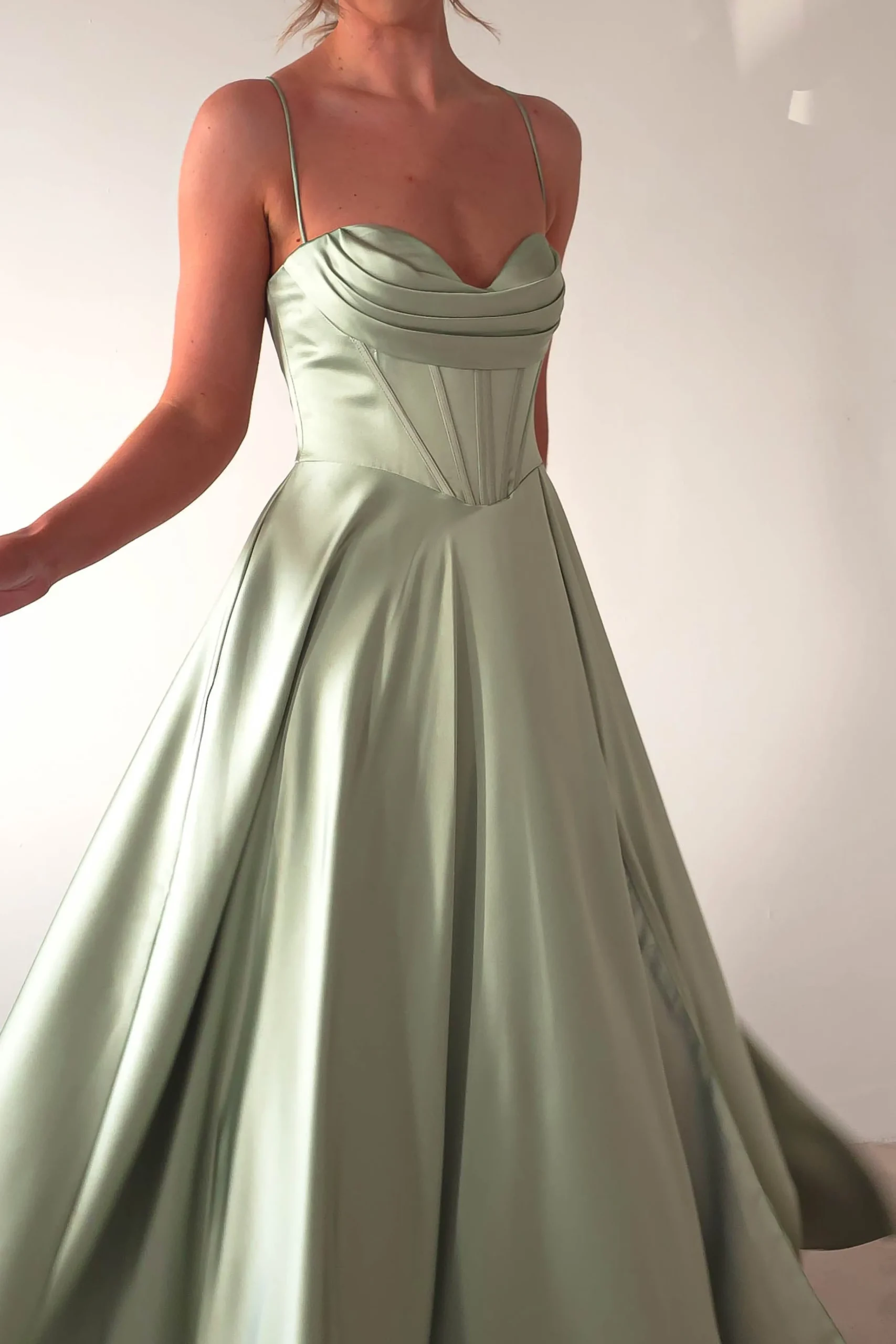 Bella Luxe Aline Satin Gown | Sage