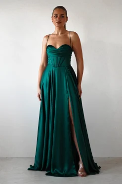 Bella Luxe Aline Satin Gown | Emerald