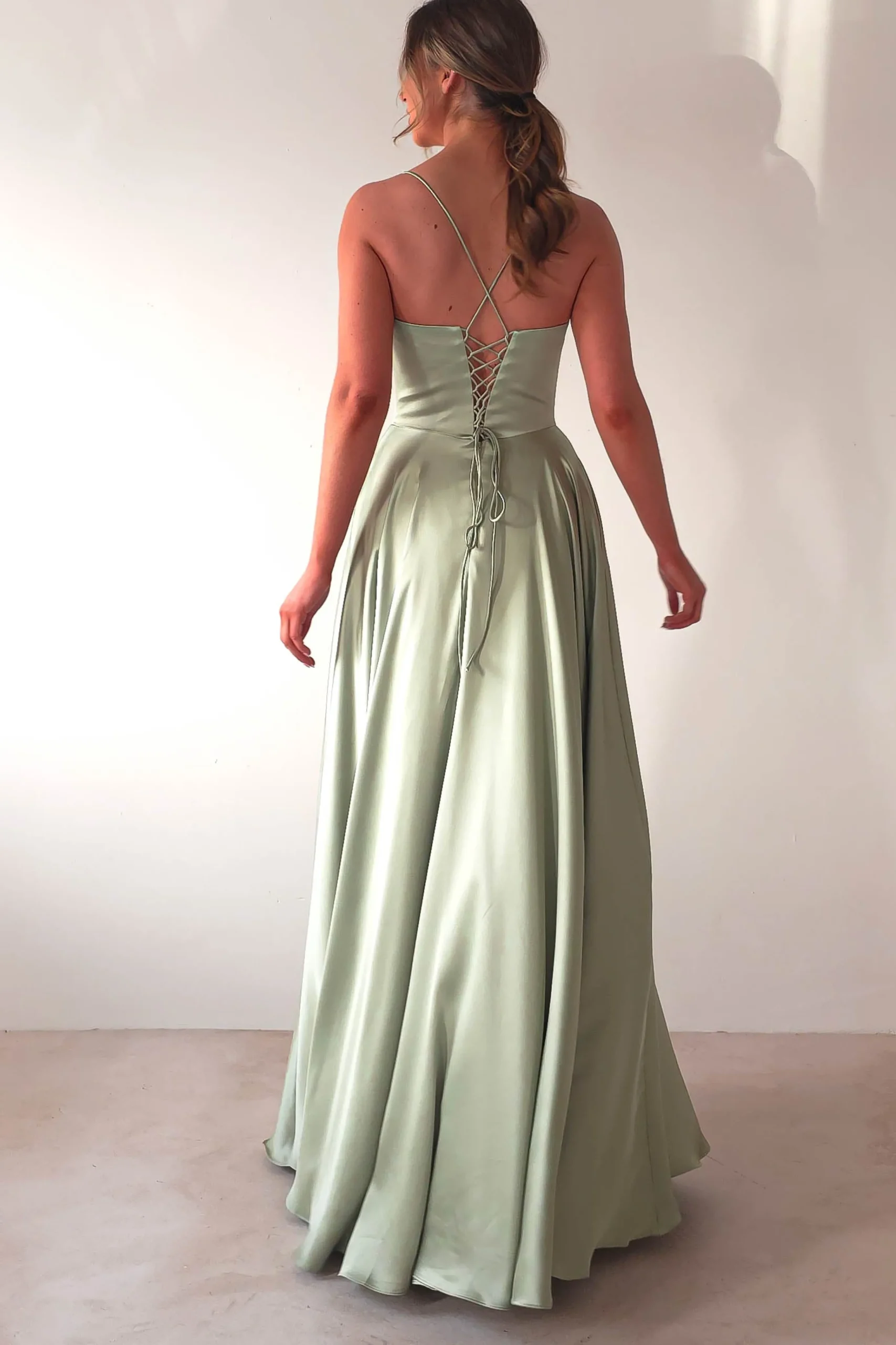 Bella Luxe Aline Satin Gown | Sage