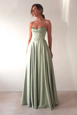 Bella Luxe Aline Satin Gown | Sage