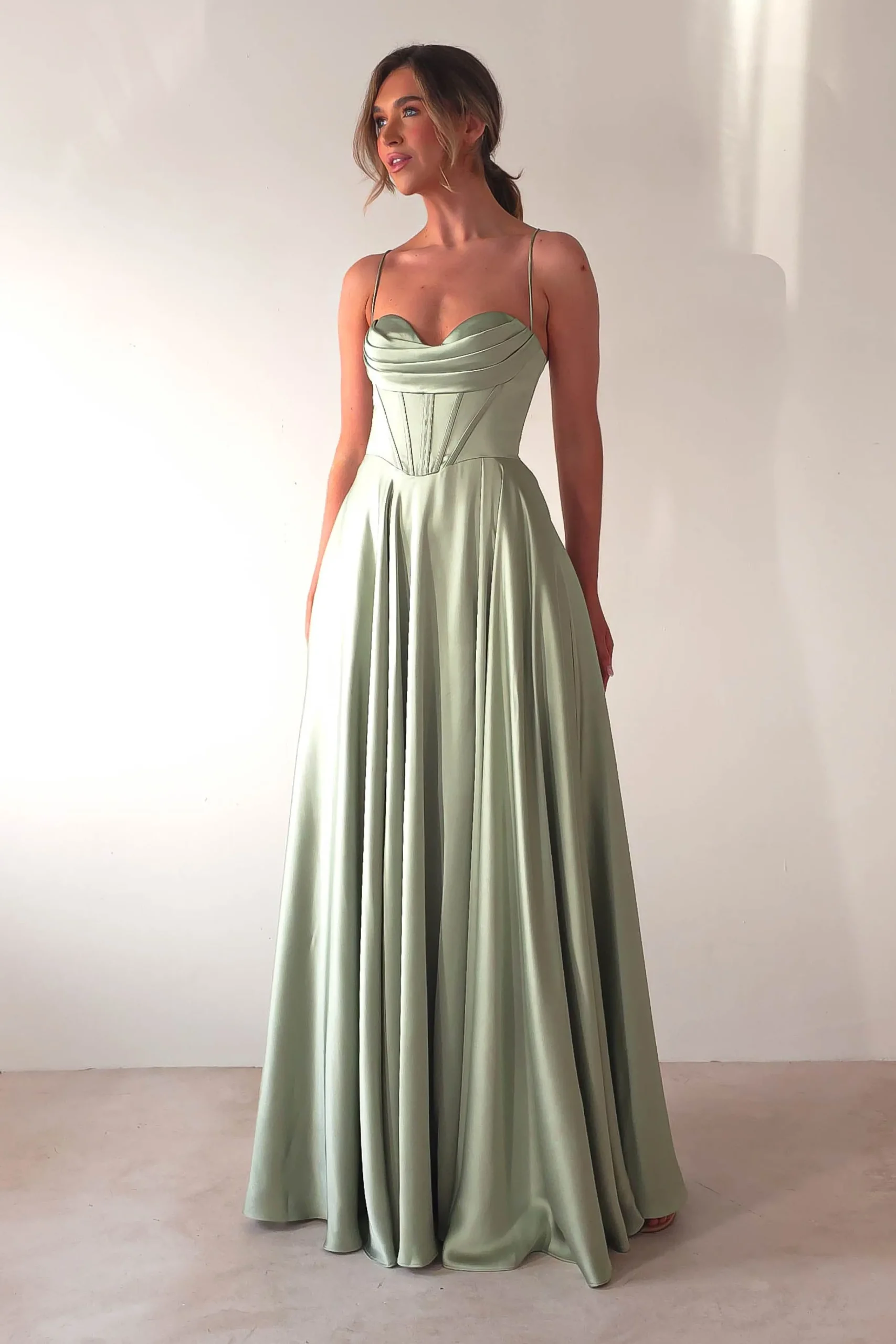 Bella Luxe Aline Satin Gown | Sage
