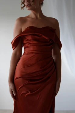 Beth Draped Silky Satin Gown | Rust