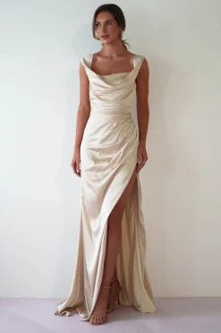 Beth Draped Silky Satin Gown | Champagne