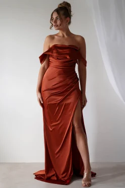 Beth Draped Silky Satin Gown | Rust