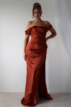 Beth Draped Silky Satin Gown | Rust