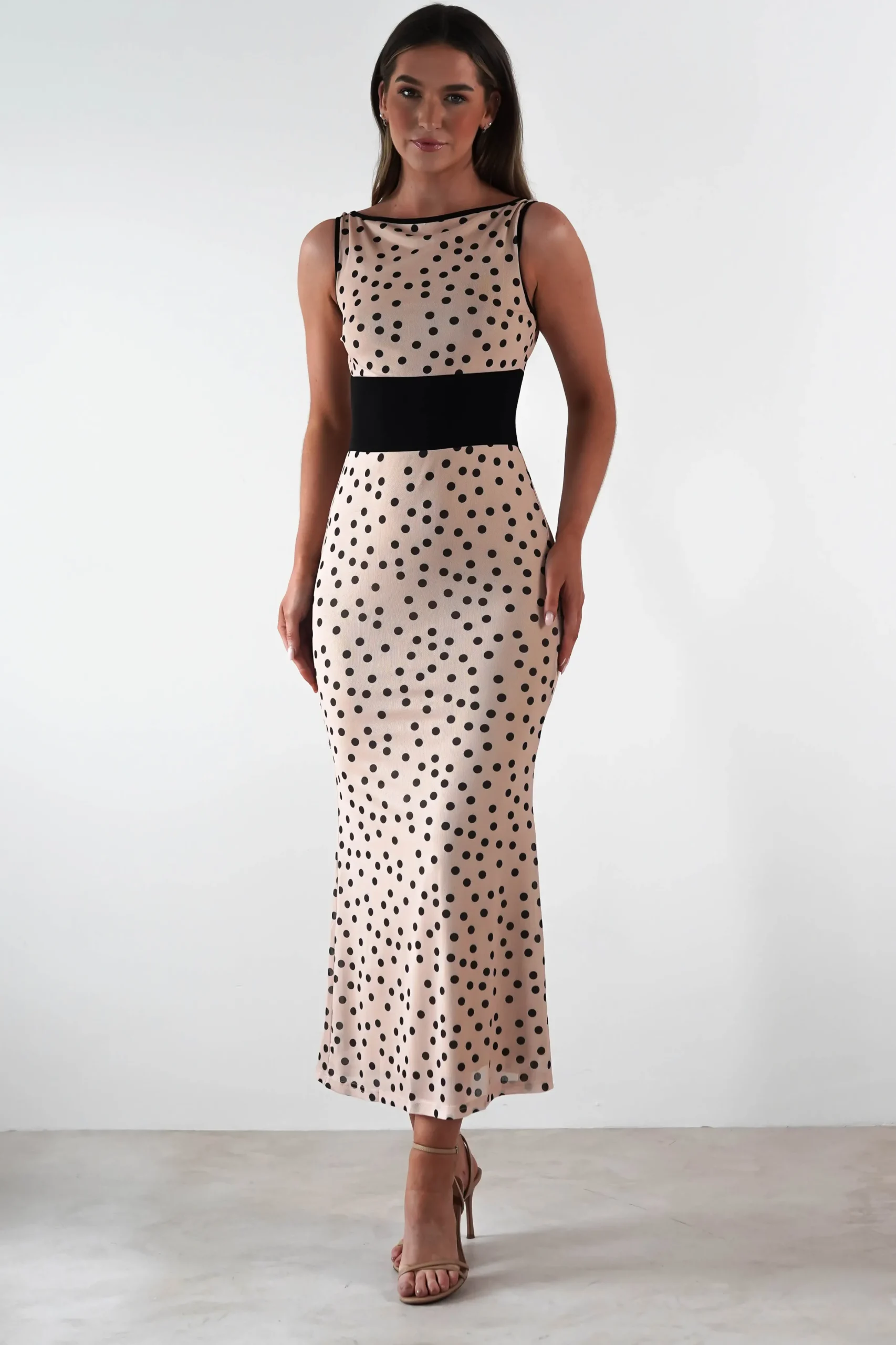 Bianca Polka Dot Mesh Maxi Dress | Beige