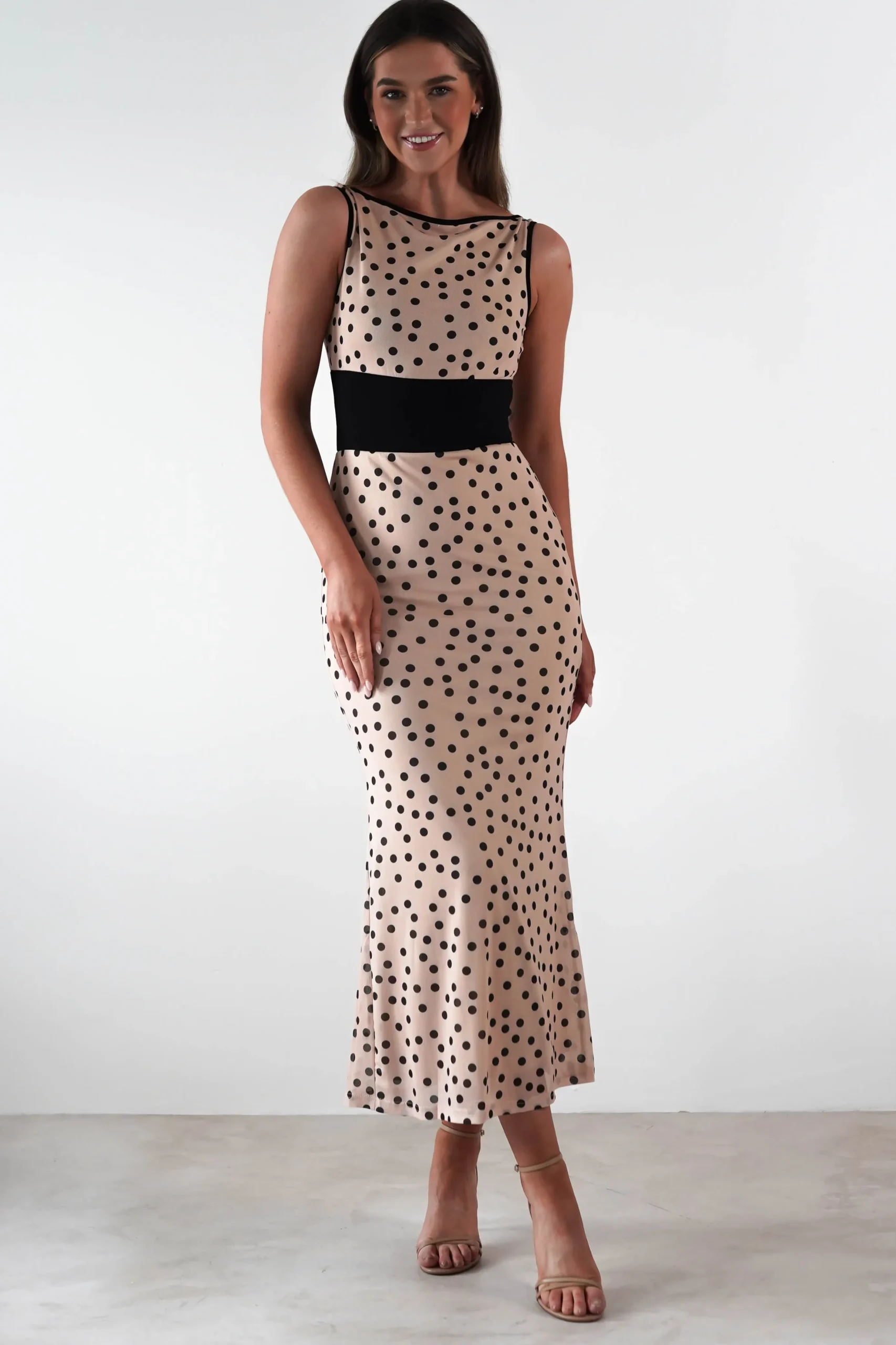 Bianca Polka Dot Mesh Maxi Dress | Beige