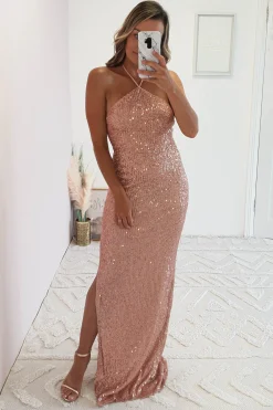 Brayson Halter Neck Sequin Gown | Rose Gold