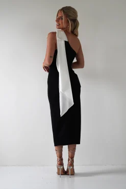 Camella Bodycon Bow Detail Midi Dress | Black