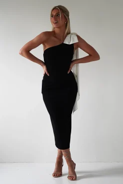 Camella Bodycon Bow Detail Midi Dress | Black