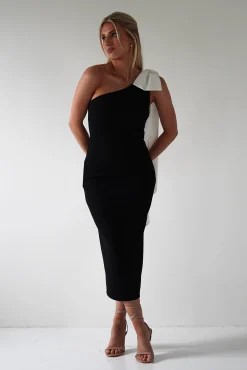 Camella Bodycon Bow Detail Midi Dress | Black