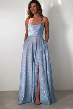 Cassia Strapless Glitter Aline Gown | Blue
