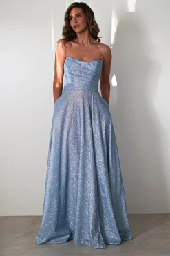 Cassia Strapless Glitter Aline Gown | Blue