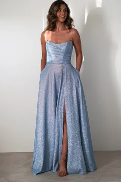 Cassia Strapless Glitter Aline Gown | Blue