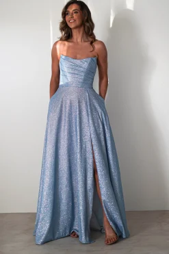 Cassia Strapless Glitter Aline Gown | Blue