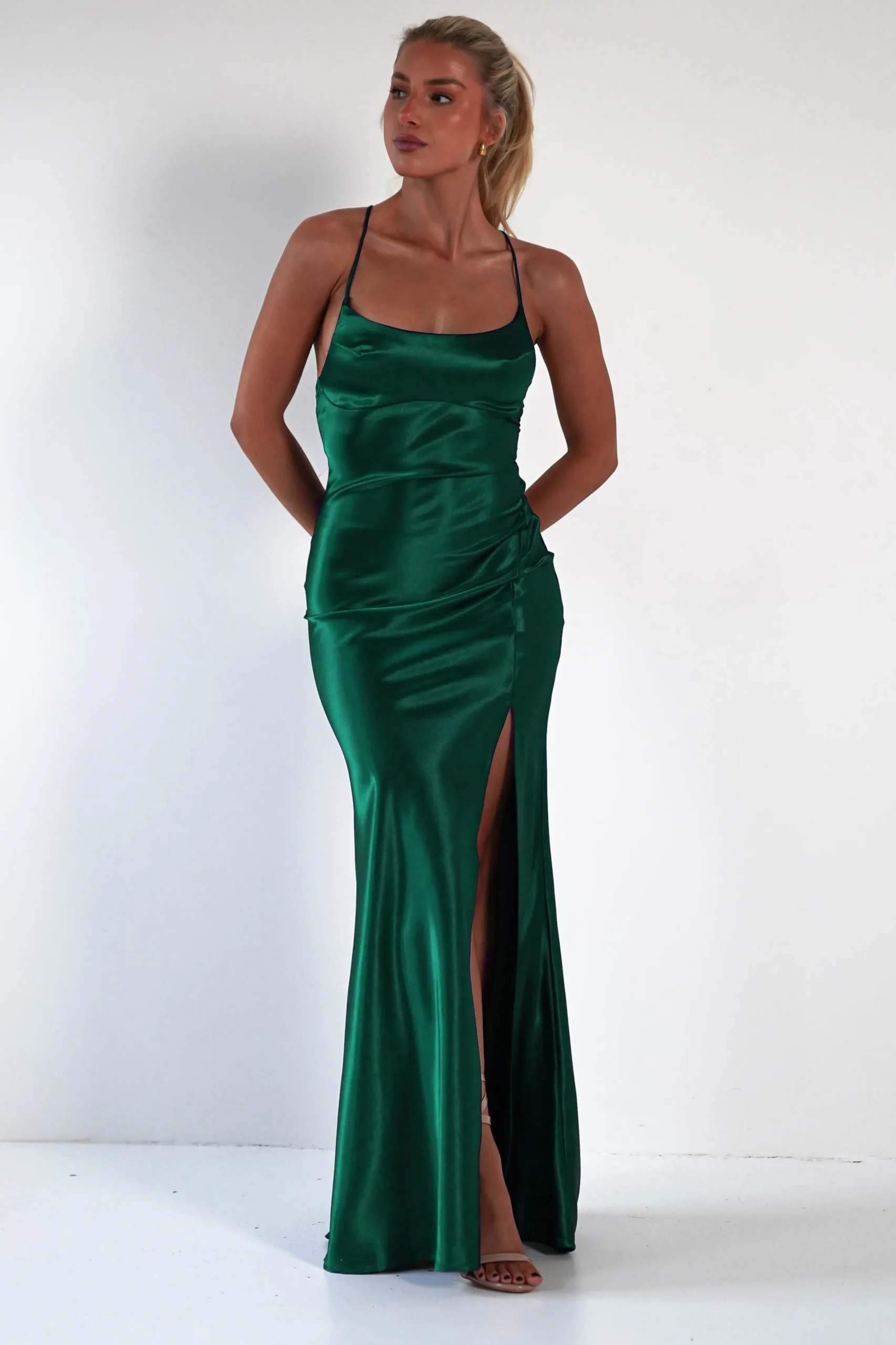 Celinee Satin Maxi Gown | Emerald Green