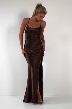 Celinee Satin Maxi Gown | Brown